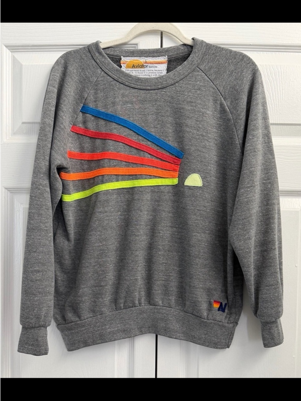 Aviator Nation Grey Crewneck Sweatshirt with Rainbow Stripe Accent - Picture 2 of 4